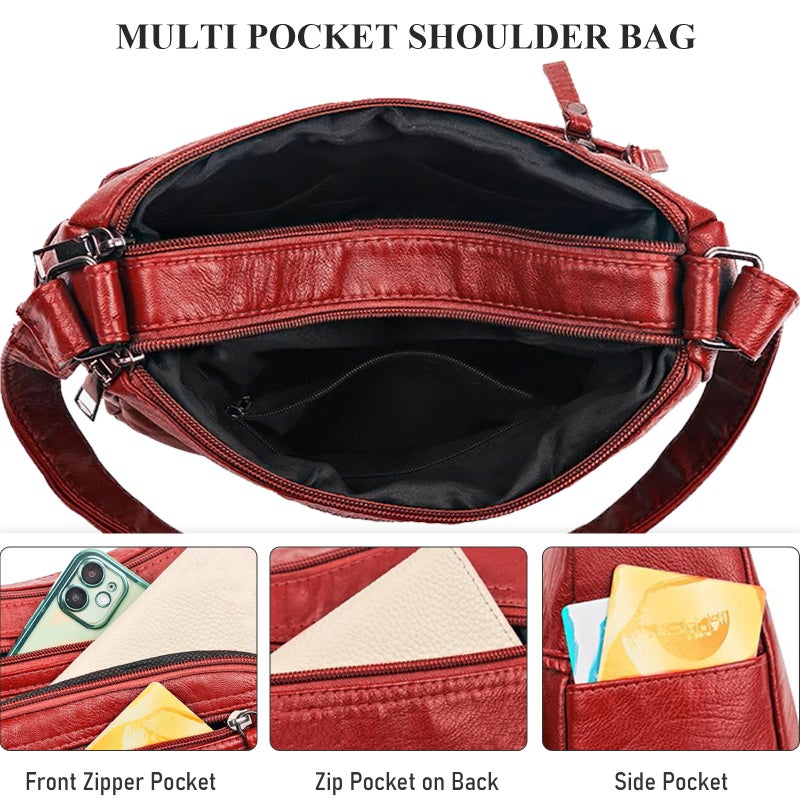 WITERY Soft Leather Multi-Pocket Shoulder Bag for Women - Vintage Ladies Medium Travel Purses Hobo Tote Bag with Adjustable Strap, Roomy Zipper Crossboby Messenger Bags Handbags Purses - Image 5