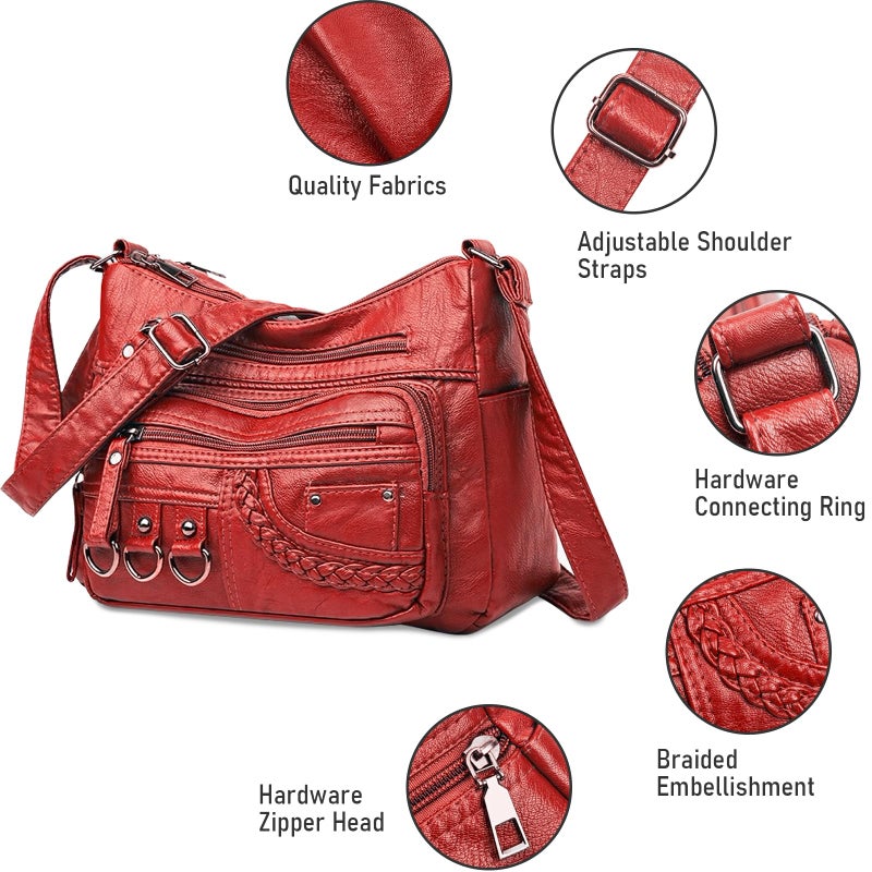 WITERY Soft Leather Multi-Pocket Shoulder Bag for Women - Vintage Ladies Medium Travel Purses Hobo Tote Bag with Adjustable Strap, Roomy Zipper Crossboby Messenger Bags Handbags Purses - Image 4