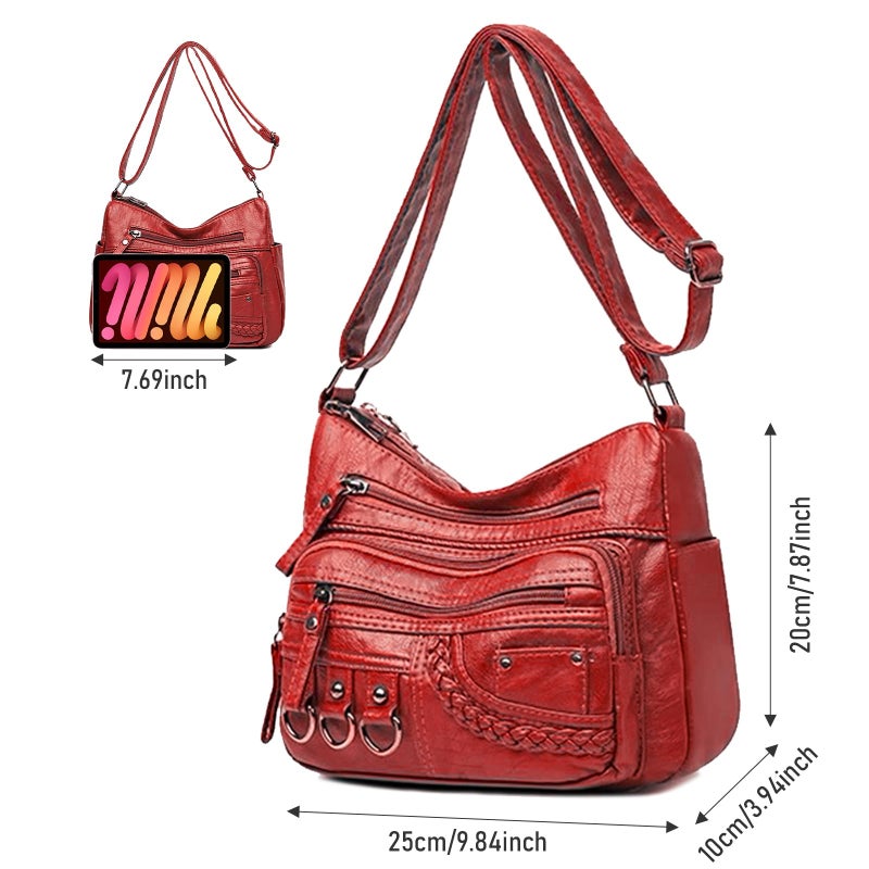 WITERY Soft Leather Multi-Pocket Shoulder Bag for Women - Vintage Ladies Medium Travel Purses Hobo Tote Bag with Adjustable Strap, Roomy Zipper Crossboby Messenger Bags Handbags Purses - Image 3