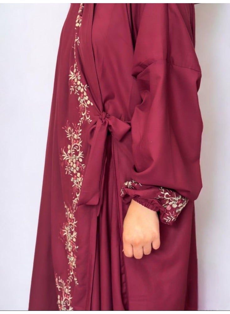 Women's prayer gown in a deep burgundy (maroon) color; loose-fitting and comfortable, made from excellent, cool-to-the-touch fabric. - Image 2