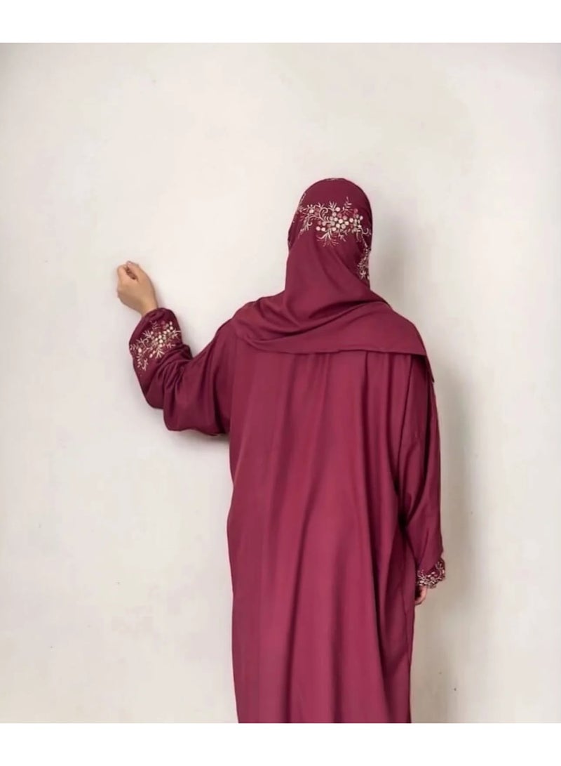 Women's prayer gown in a deep burgundy (maroon) color; loose-fitting and comfortable, made from excellent, cool-to-the-touch fabric. - Image 3