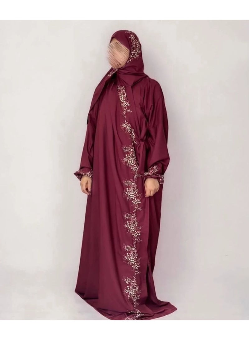 Women's prayer gown in a deep burgundy (maroon) color; loose-fitting and comfortable, made from excellent, cool-to-the-touch fabric. - Image 1