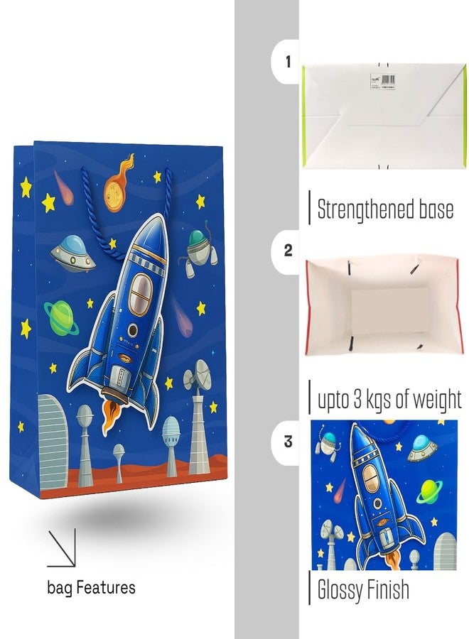 Tresneria Space Theme Gift Bags for Kids Rocket Artwork Paper Return Gift Bags | Colourful Goodie Bags with Rope Handle for Gifting (Dark Blue Space Explorer Bag, Small Set Of 3) - Image 4