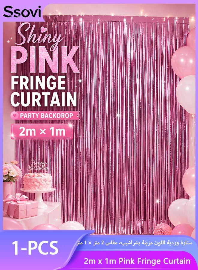 Ssovi Self-Adhesive Shiny Pink Foil Fringe Curtain, 2m x 1m Metallic Tinsel Party Backdrop for Birthday, Wedding and Photo Booth, 1 Piece - Image 1