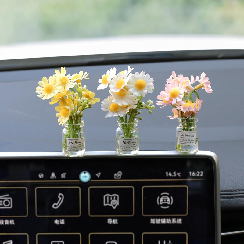 Kiofs Daisy Flower Car Accessories for Women Interior Aesthetic 3 Pcs Daisy Cute Car Dashboard Decorations