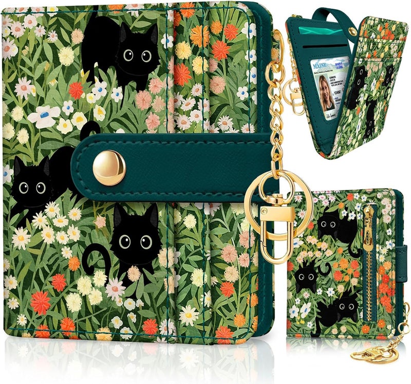 Jogjam Rfid Women Wallet, Small Slim Thin Credit Card Wallet, PU Leather Bifold Cash Zipper Coin Pocket ID Window, for Female Ladies Teen Girls Girly Gifts, Black Cat Floral, Small, Modern - Image 1