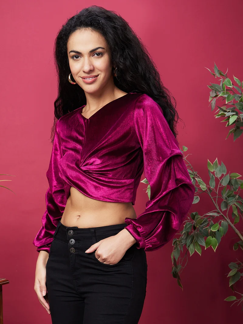 globus Globus Women Purple V-Neck Puff Sleeves Twisted Velvet Crop Top