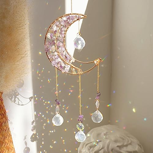 ilclviz Crystal Moon Suncacher-Sun Catchers Indoor Window Prism Moon Crystal Dream Catcher Natural Healing Stones Rainbow Maker Garden Car Decoration Outdoor (Colorful) - Image 1
