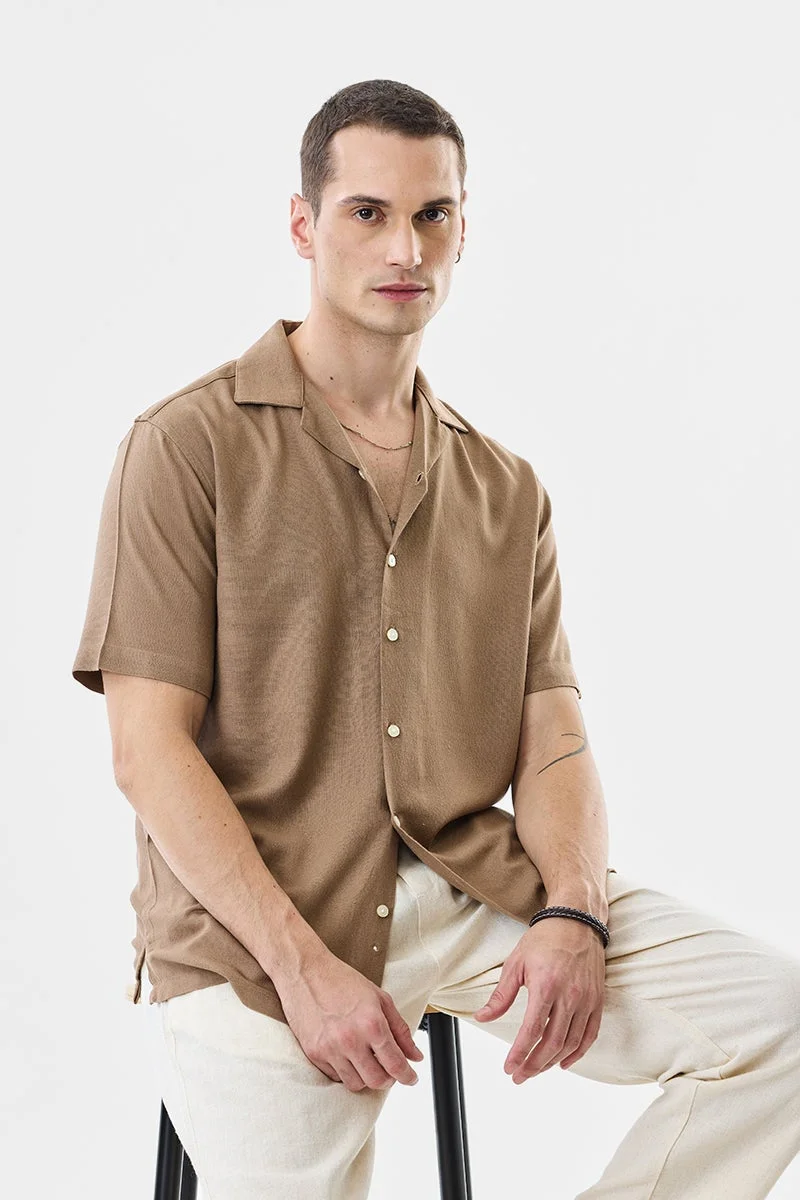 سنيتش Tan Textured Half Sleeve Boxy Shirt