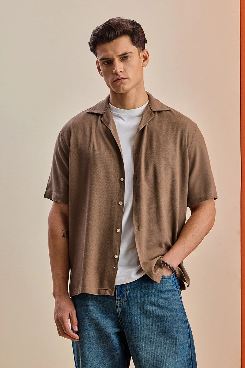 سنيتش Tan Textured Half Sleeve Boxy Shirt