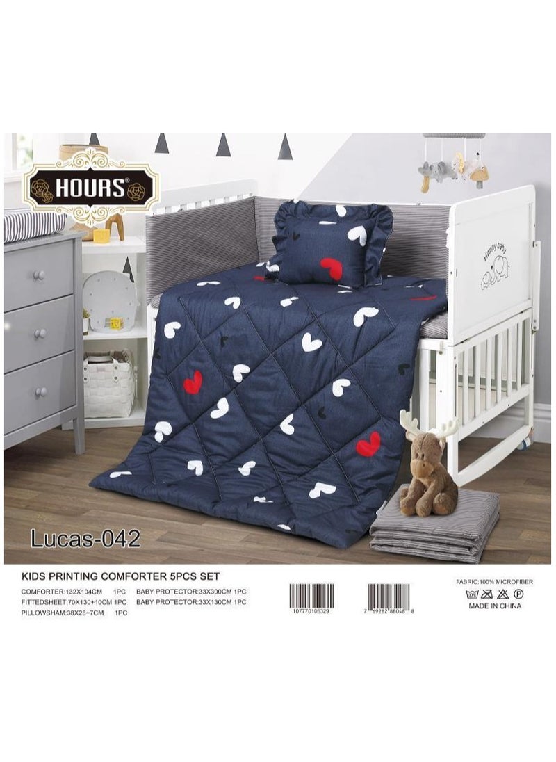 Hours - Children's bed screen mattress, 5 pieces, summer, consisting of a quilt, size 132*104 cm, rubber sheet, 70*130 cm, pillowcase, size 38*28 cm, partitions, size 33*300 cm, partitions, size 33*130 cm. - Image 1
