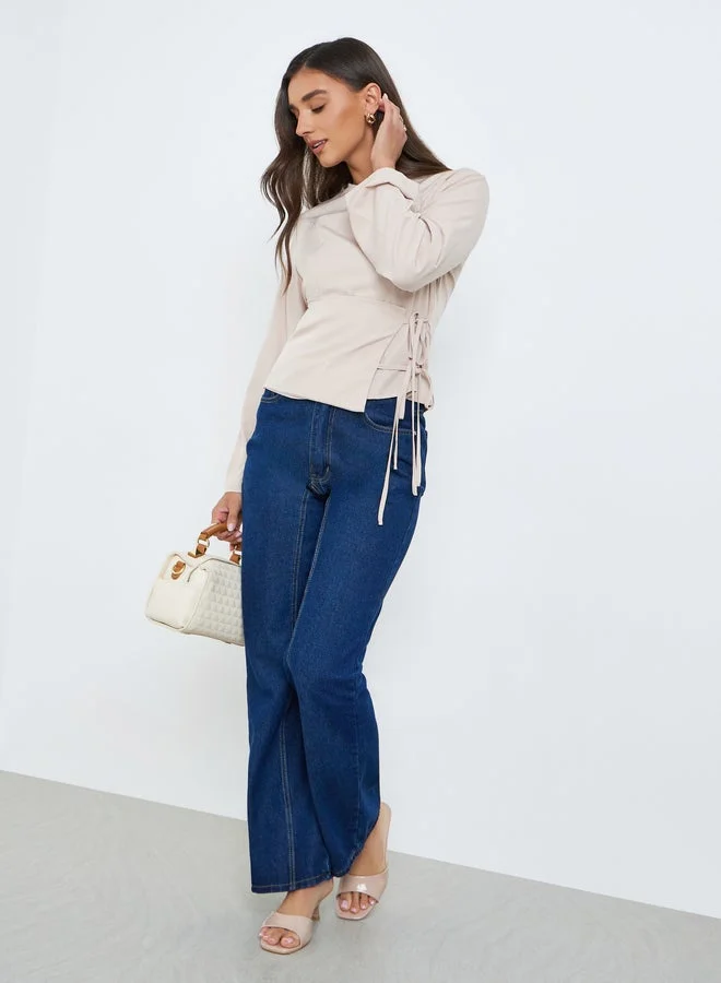 Styli  Women Beige Side Tie Long Sleeve Blouse for Women | Best Price UAE