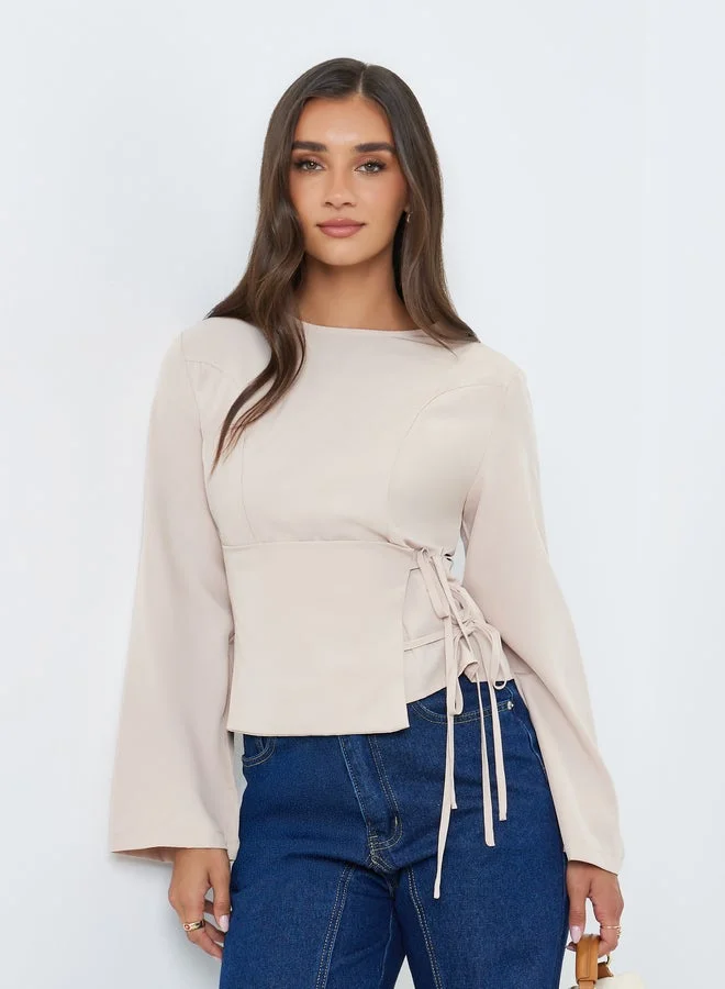 Women Beige Side Tie Long Sleeve Blouse