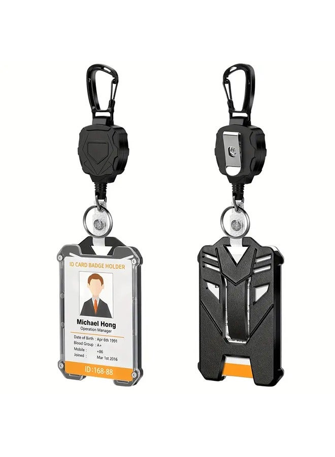 Retractable Heavy Duty Badge Reels With ID Badge Holder Tactical ID Card Holder Vertical ID Holder With Mountaineering Easy to Pull Buckle With Carabiner Keychain Badge Reel - Image 1