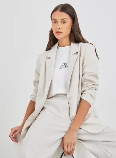 Styli Women Cream Regular Fit Regular Length Linen Look Blazer