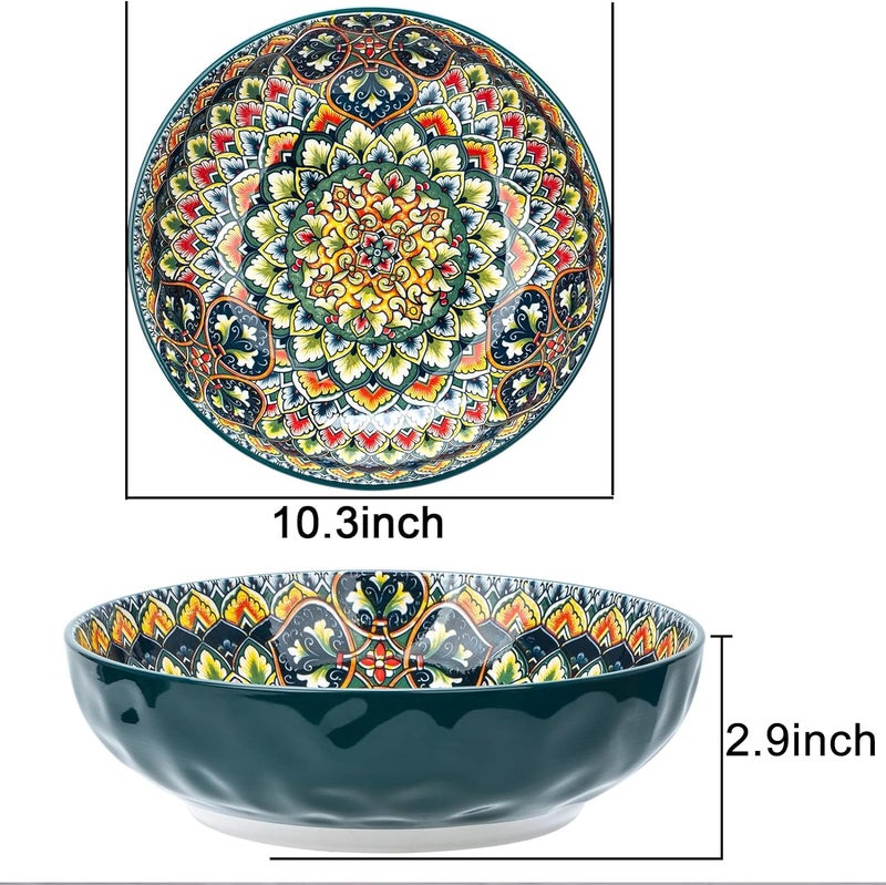 Ronanemon Large Serving Bowls, 75 Oz Fruit Salad Bowls, Bohemian Style Large Porcelain Dishes for Entertaining Parties,Big Bowls for Eating Soup, Salad, Pasta, Fruit, Chips, 10.3 Inch Diameter (green) - Image 4
