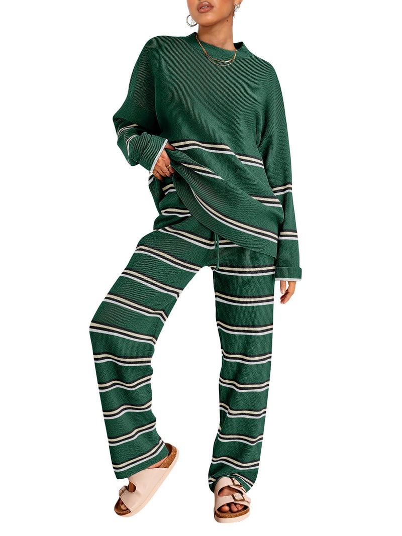 LILLUSORY 2 Piece Sets for Women 2025 Fall Outfits Two Piece Lounge Sets Sweatsuits Striped Knit Sweater Clothes Fashion StripesGreen M - Image 1