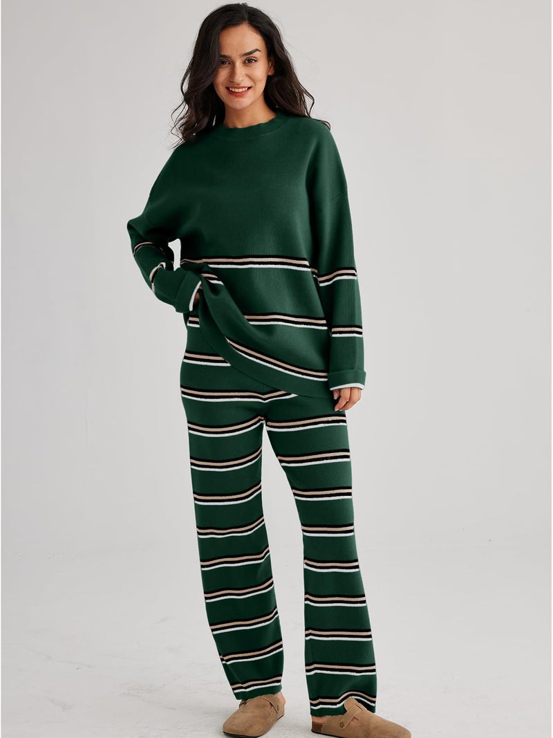 LILLUSORY 2 Piece Sets for Women 2025 Fall Outfits Two Piece Lounge Sets Sweatsuits Striped Knit Sweater Clothes Fashion StripesGreen M - Image 2