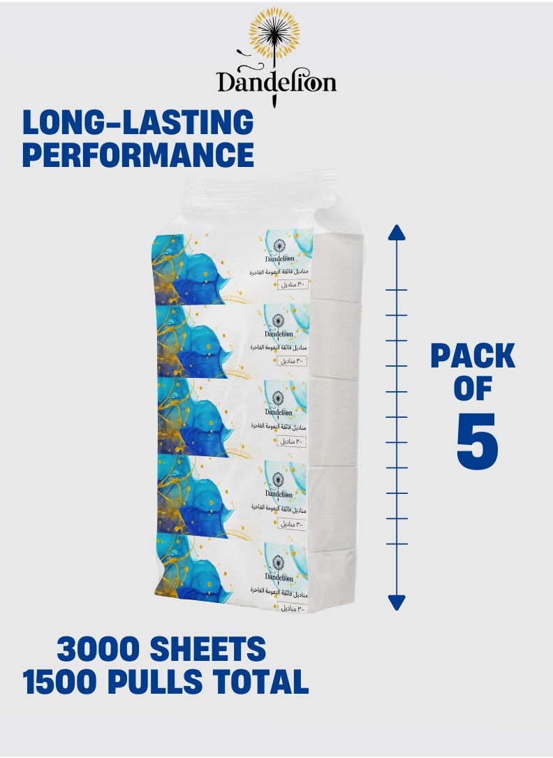 Dandelion Dandelion Ultra-Soft Facial Tissues– Total 3000 Sheets, 300 Pulls x 2 Ply, Pack of 5, White  - Image 3