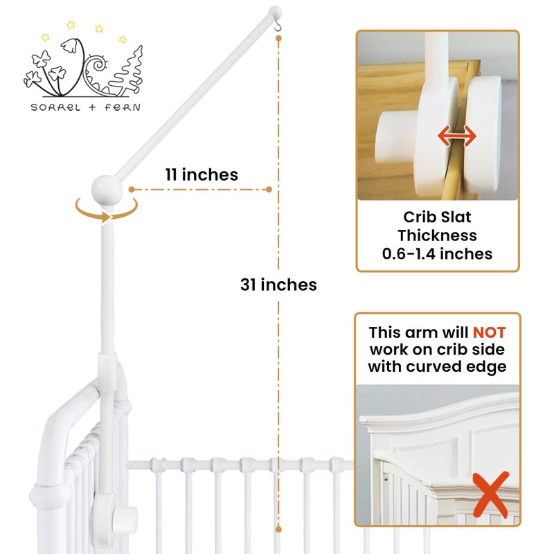 Sorrel + Fern Baby Crib Mobile Arm Wooden Holder - Baby Mobile Hanger for Crib (31 inch, 100% Natural Beech Wood) Strong Anti Slip - Nursery Decor & Gift Accessories (White) - Image 4