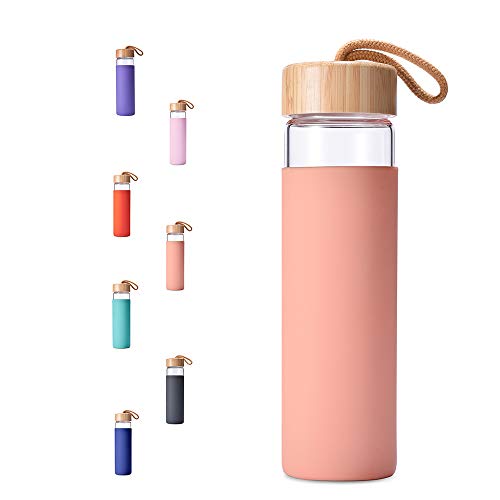 Yomious 20 Oz Borosilicate Glass Water Bottle with Bamboo Lid and Silicone Sleeve  Reusable BPA Free Drinking Bottle with Lids  Cute Bottle for Women  Glass Shaker Bottle Dahlia
