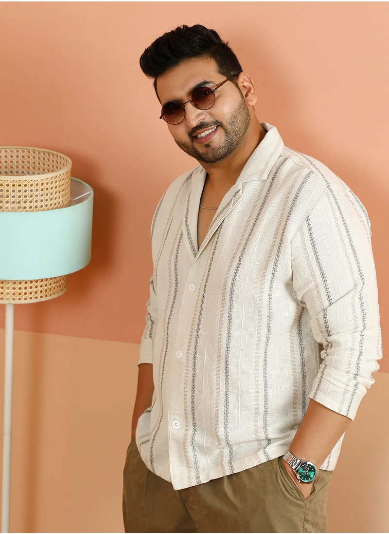 انستافاب بلس Instafab Plus Men's Off-White Striped Loose-Weave Cuban Shirt For Casual Wear | Cuban Collar | Long Cuffed Sleeves | Button Closure | Plus Size Shirt Crafted With Comfort Fit For Everyday Wear