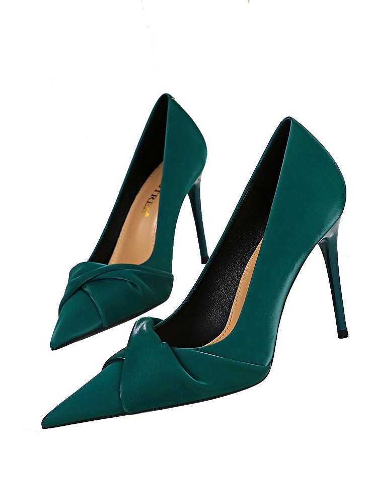 BIGTREE حذاء كوري أنيق بكعب عالٍ 10 سم لحفلات الزفاف وتنحيف القدمين وفم ضحل مع فيونكة مدببة باللون الأخضر - Image 1