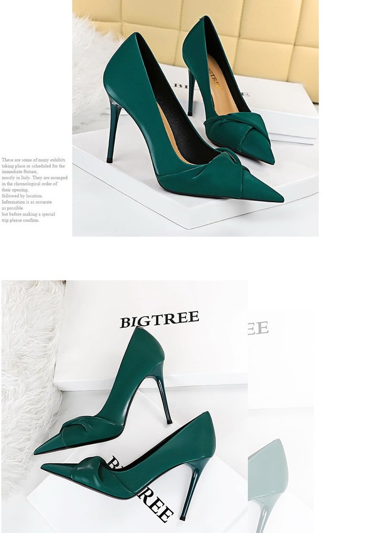 BIGTREE حذاء كوري أنيق بكعب عالٍ 10 سم لحفلات الزفاف وتنحيف القدمين وفم ضحل مع فيونكة مدببة باللون الأخضر - Image 3