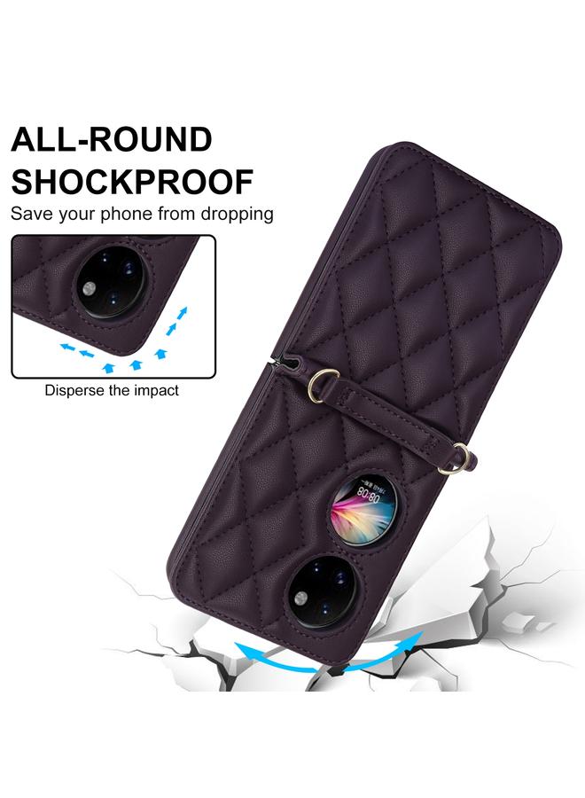 اس-توب جراب لهاتف Huawei P50 Pocket Rhombic Texture Card Bag مع حبل مزدوج - Image 4