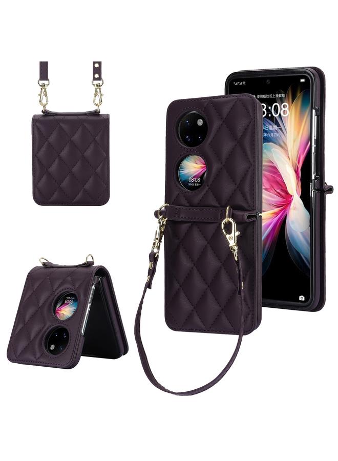 اس-توب جراب لهاتف Huawei P50 Pocket Rhombic Texture Card Bag مع حبل مزدوج - Image 1