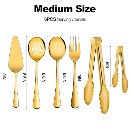 XEVOM Serving Utensils, XEVOM 6-Piece Stainless Steel Serving Utensil Set Include Serving Spoon, Slotted Serving Spoon, Serving Fork,Serving Tong, Appetizers Tong,Pie Server(Gold) - Image 2