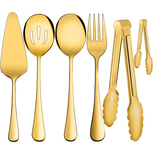XEVOM Serving Utensils, XEVOM 6-Piece Stainless Steel Serving Utensil Set Include Serving Spoon, Slotted Serving Spoon, Serving Fork,Serving Tong, Appetizers Tong,Pie Server(Gold) - Image 1