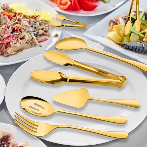 XEVOM Serving Utensils, XEVOM 6-Piece Stainless Steel Serving Utensil Set Include Serving Spoon, Slotted Serving Spoon, Serving Fork,Serving Tong, Appetizers Tong,Pie Server(Gold) - Image 3