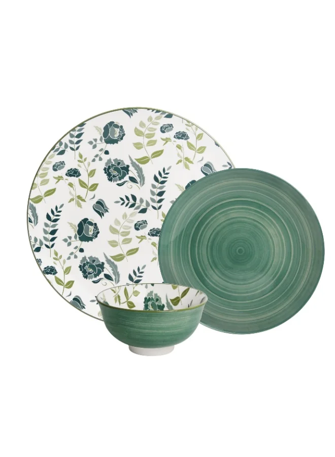 Shallow Shallow Porcelain Noah Dinner Set, 12 Pieces, Green & White, (4 Dinner Plates, 4 Side Plates, 4 Small Bowl)