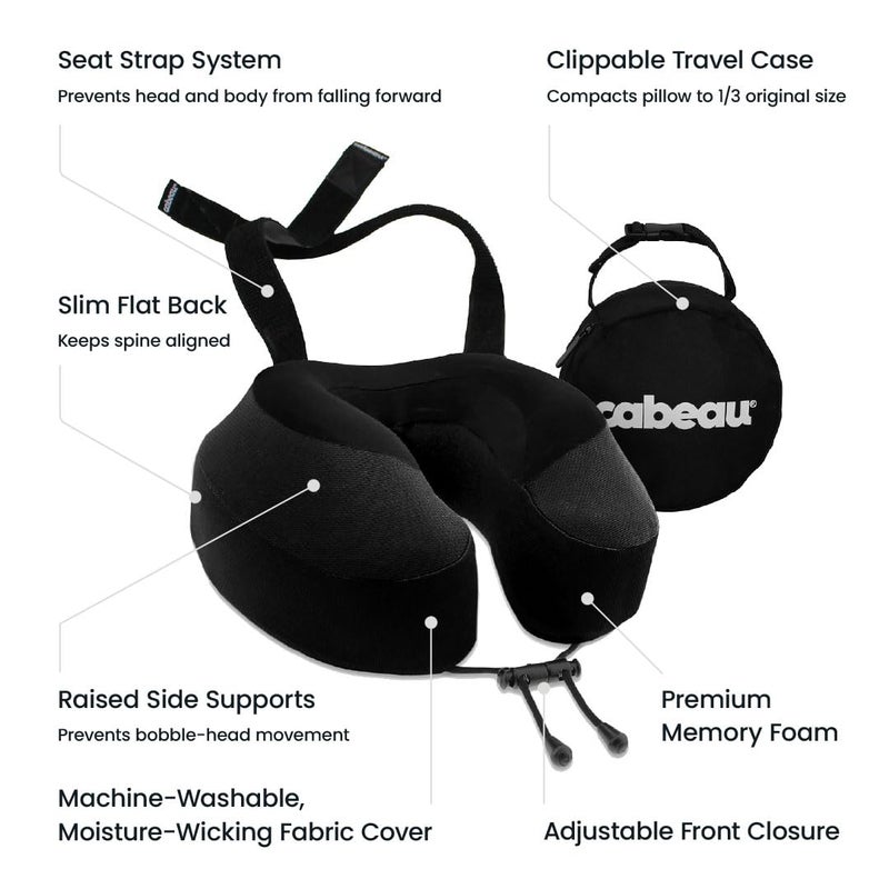 Cabeau Airplane Travel Pillow for Long Flights - Evolution S3 - Supportive Memory Foam with Seat Straps to Secure Your Head and Neck and Provides 360Â° Support (Jet Black) - Image 3