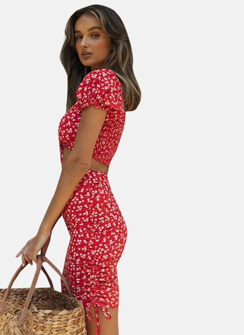 YUNIQEE Red Printed Pure Cotton Crop Top With Skirt