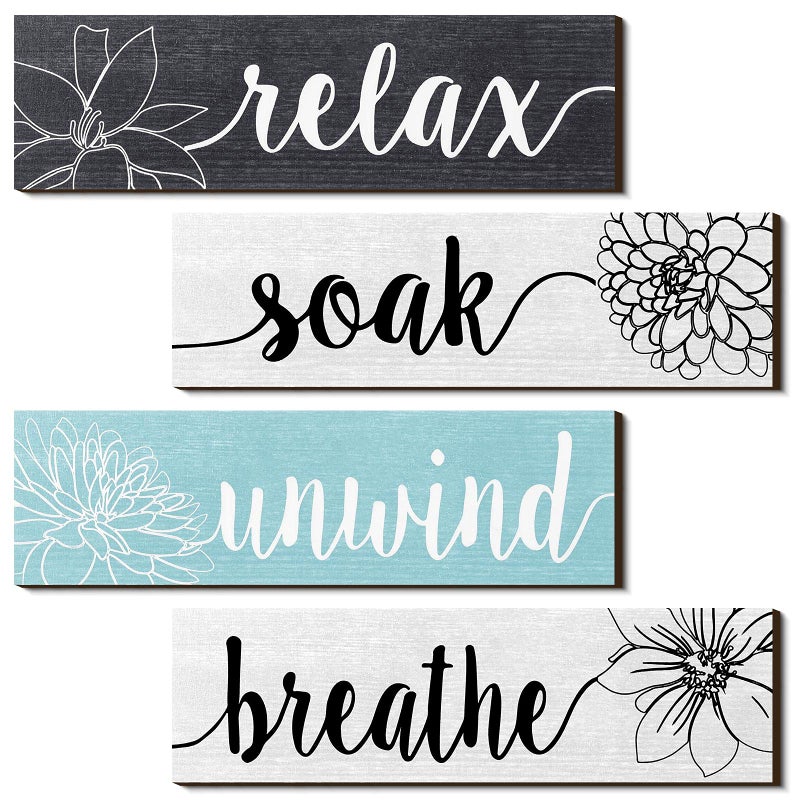 Jetec 4 Pieces Farmhouse Bathroom Wall Decors Relax Soak Unwind Breathe Bathroom Signs Rustic Room Wall Arts Vintage Wooden Decorations for Home Laundry Room 