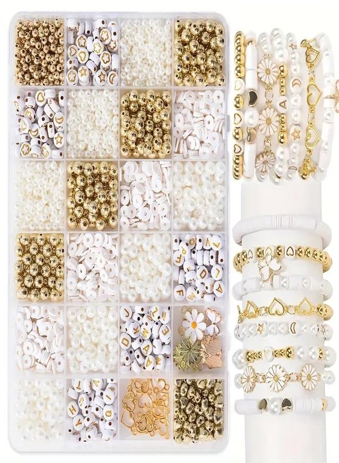 VELBOUZ DIY Jewelry Making Kit, Simplistic Style Daisy Charms, White Polymer Clay, Golden Spacer, White Glossy Plastic Pearls & Alphabet, for Making Bracelet Jewelry Accessories - Image 1