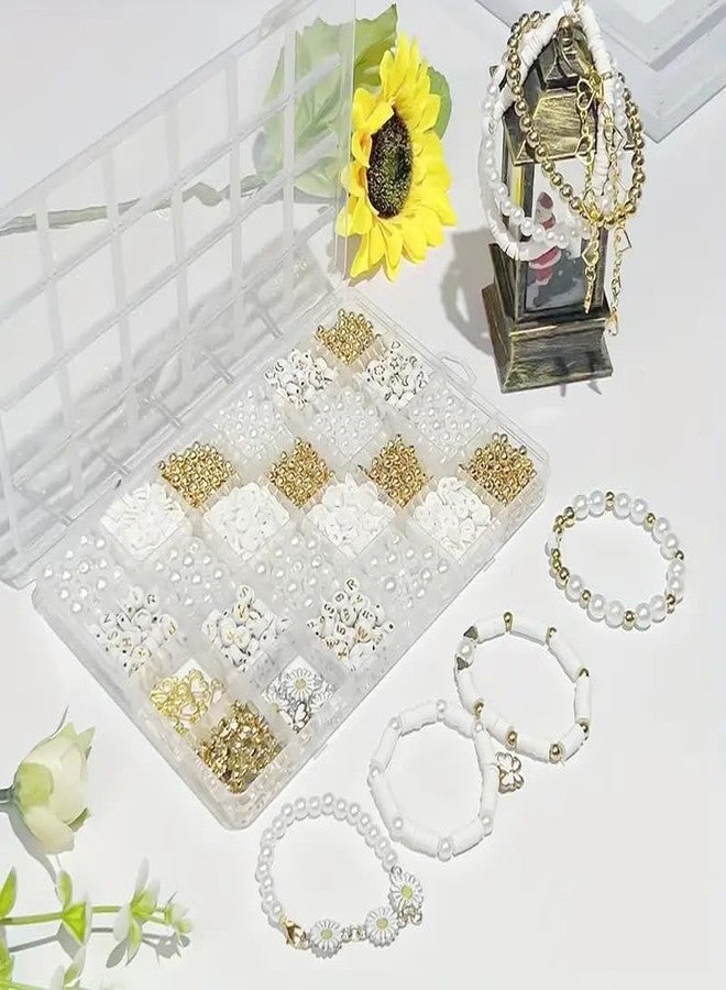 VELBOUZ DIY Jewelry Making Kit, Simplistic Style Daisy Charms, White Polymer Clay, Golden Spacer, White Glossy Plastic Pearls & Alphabet, for Making Bracelet Jewelry Accessories - Image 4