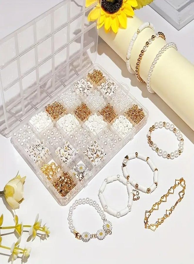 VELBOUZ DIY Jewelry Making Kit, Simplistic Style Daisy Charms, White Polymer Clay, Golden Spacer, White Glossy Plastic Pearls & Alphabet, for Making Bracelet Jewelry Accessories - Image 2