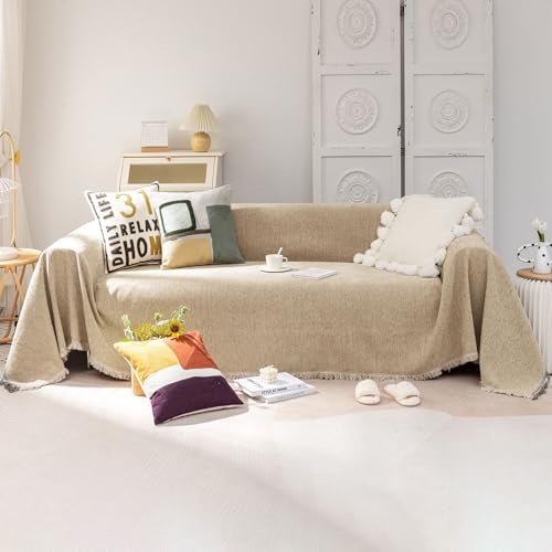VC Life VClife Beige Couch Cover for Sofa 1 Piece Modern Minimalism Couch Cover for 2 Cushion Couch Sofa Slipcover Washable Soft Chenille Sofa Covers Furniture Protector for Bedroom Living Room 71''x118'' - Image 1