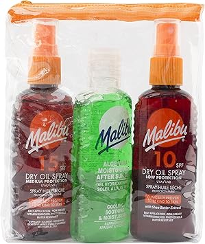Malibu Sun Travel Essentials Dry Oil Sprays and Soothing Aloe Vera Aftersun Gel Medium Protection Water Resistant SPF 10 and 15 Multipack 3 x 100ml - Image 1