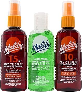 Malibu Sun Travel Essentials Dry Oil Sprays and Soothing Aloe Vera Aftersun Gel Medium Protection Water Resistant SPF 10 and 15 Multipack 3 x 100ml - Image 2