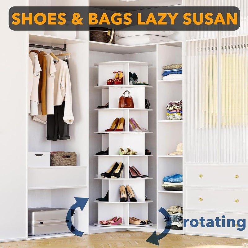 منزل منظم رف أحذية دوار مكون من 7 طوابق، رف عرض أحذية من نوع “لازي سوزان” (Lazy Susan) قابل للدوران 360 درجة، خزانة عمودية لتنظيم الأحذية والحقائب (لون أبيض، موديل A-1) - Image 3