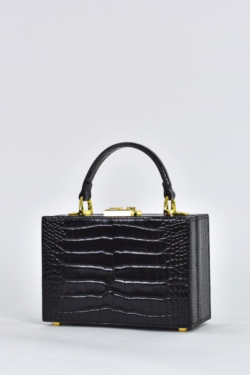 Elatae Women's Crocodile Pattern Evening Dress Daily Handbag with Shoulder Strap Black 17441  - Image 4