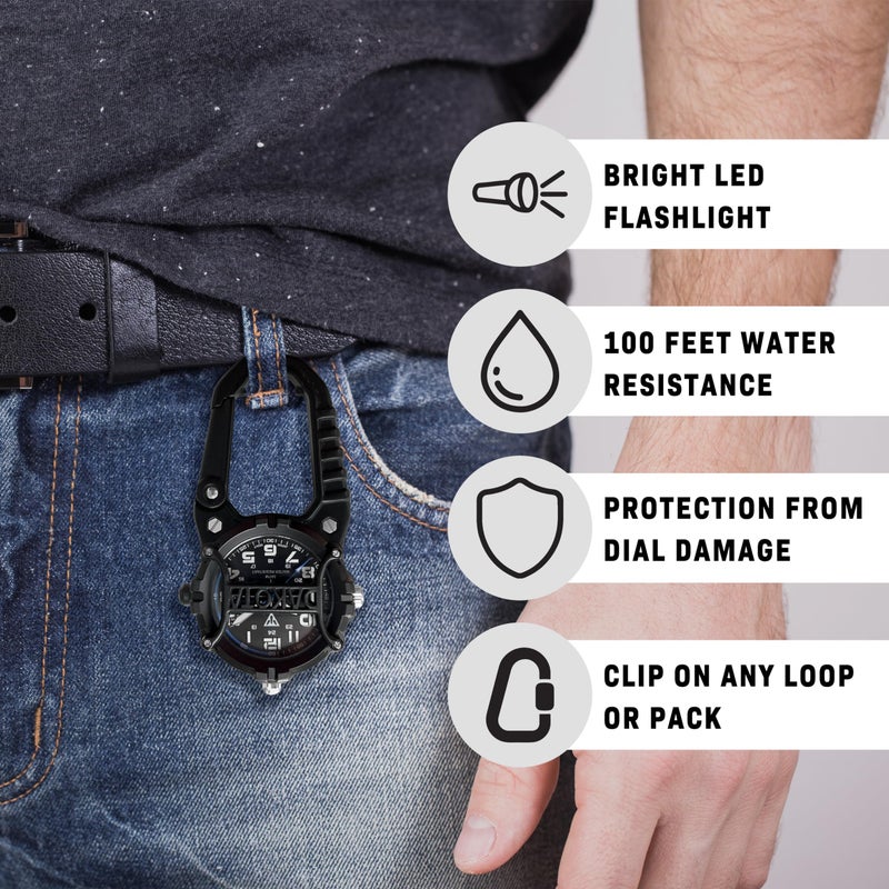 Dakota Watch Microlight, Clip Watch, Flashlight and Watch, Outdoor Gifts for Men, Use for Field and Work Watch, Tactical Watch with LED Flashlight with or Without Dial Protector - Black - Dial Cage - Image 4