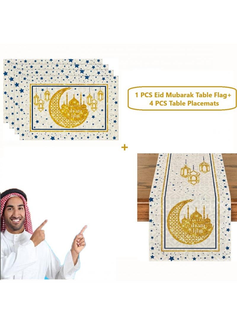 General 1 PCS Eid Mubarak Table Flag + 4 PCS Table Placemats Ramadan Kareem Table Decorations Star Moon Lantern Ramadan Decor Sets For Dining Supply  - Image 1