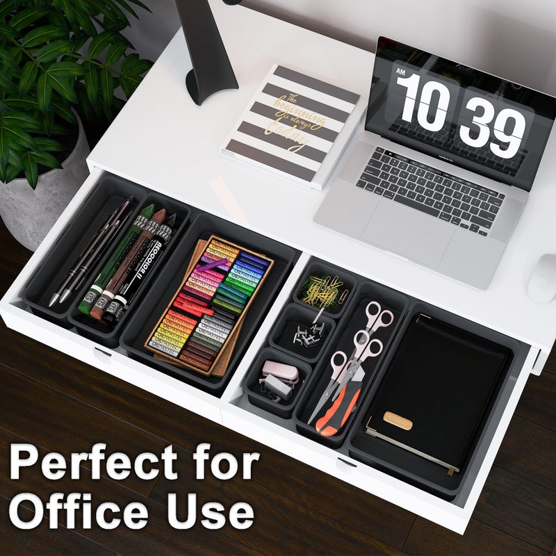 QUELIEN Desk Drawer Organizer Tray Set, 16PCS Plastic Drawer Organizer Bins for Office, Makeup, Kitchen - Gray Blue Desk Organizer with Flexible Interlocking Design for Efficient (Gray Blue, 16PCS) - Image 3
