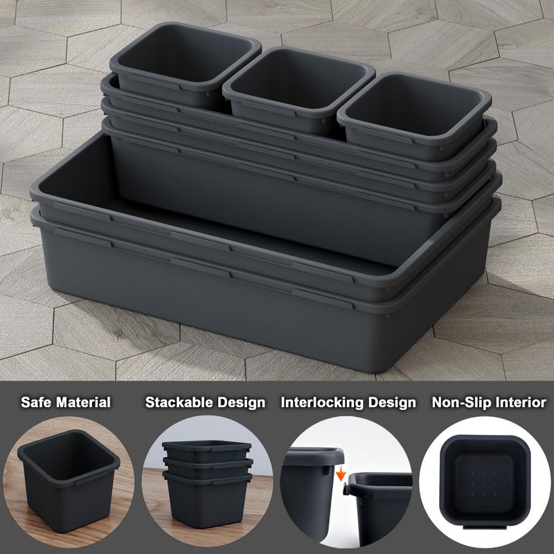 QUELIEN Desk Drawer Organizer Tray Set, 16PCS Plastic Drawer Organizer Bins for Office, Makeup, Kitchen - Gray Blue Desk Organizer with Flexible Interlocking Design for Efficient (Gray Blue, 16PCS) - Image 5