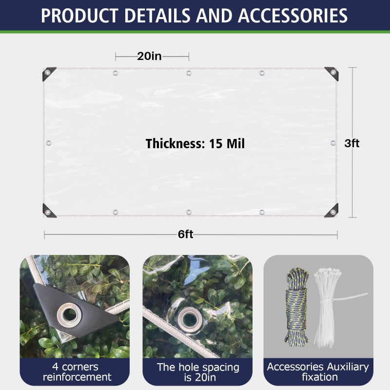 SHADEPLUS Clear Tarp 3'x6' 15MIL - Heavy-Duty Transparent Waterproof, Wind & Tear-Resistant Clear PVC Tarp Includes Cable Ties & Fixing Rope. Ideal for Terraces, Pavilions, Porches & More - Image 3